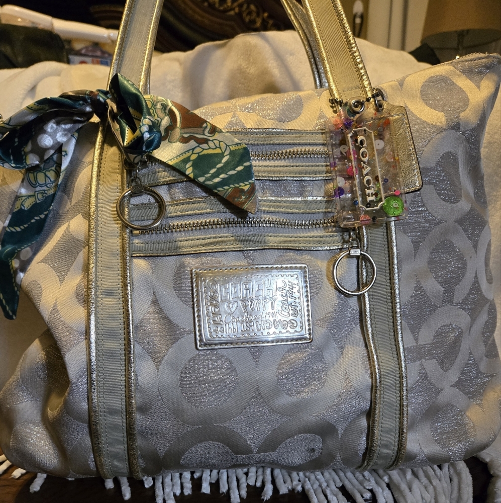 Coach Metallic Silver Poppy Tote